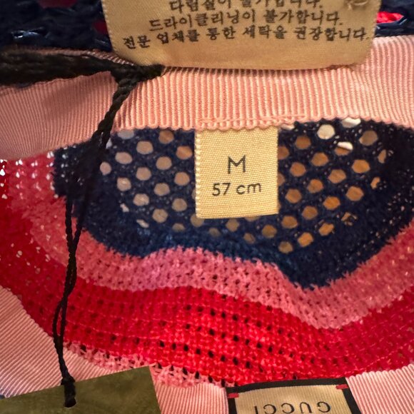 NWT GUCCI Interlocking GG Leather Logo Raffia Effect Bucket Hat - Picture 7 of 7